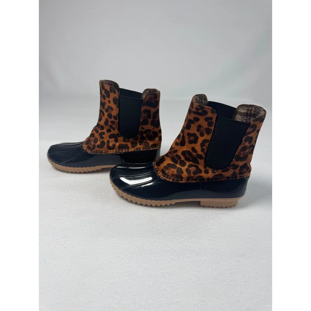 Leopard Print ZBY Women 7.5 Duck Boots Black Brown Waterproof Ankle Chelsea Boot